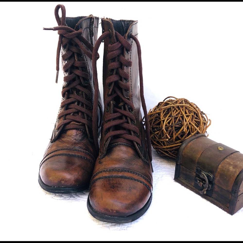 Steve Madden Troopa Brown Leather Lace up Boots